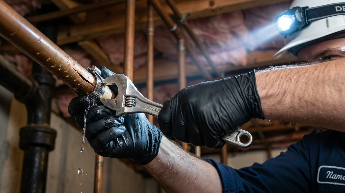 Emergency pipe clamp repair being performed by a Johns Plumbing LLC plumber in Trumann