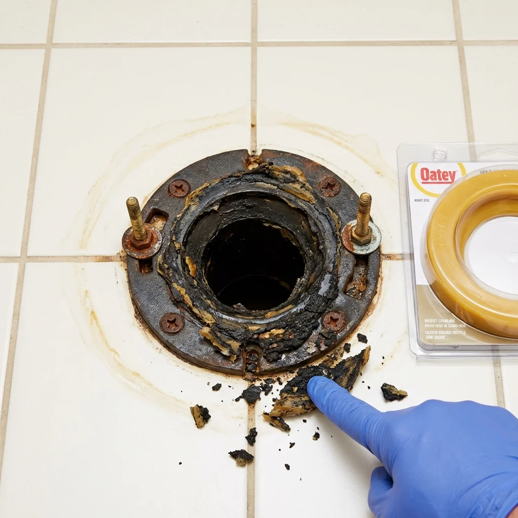 Failed wax ring showing water seepage at the base of a toilet in a Trumann, AR home