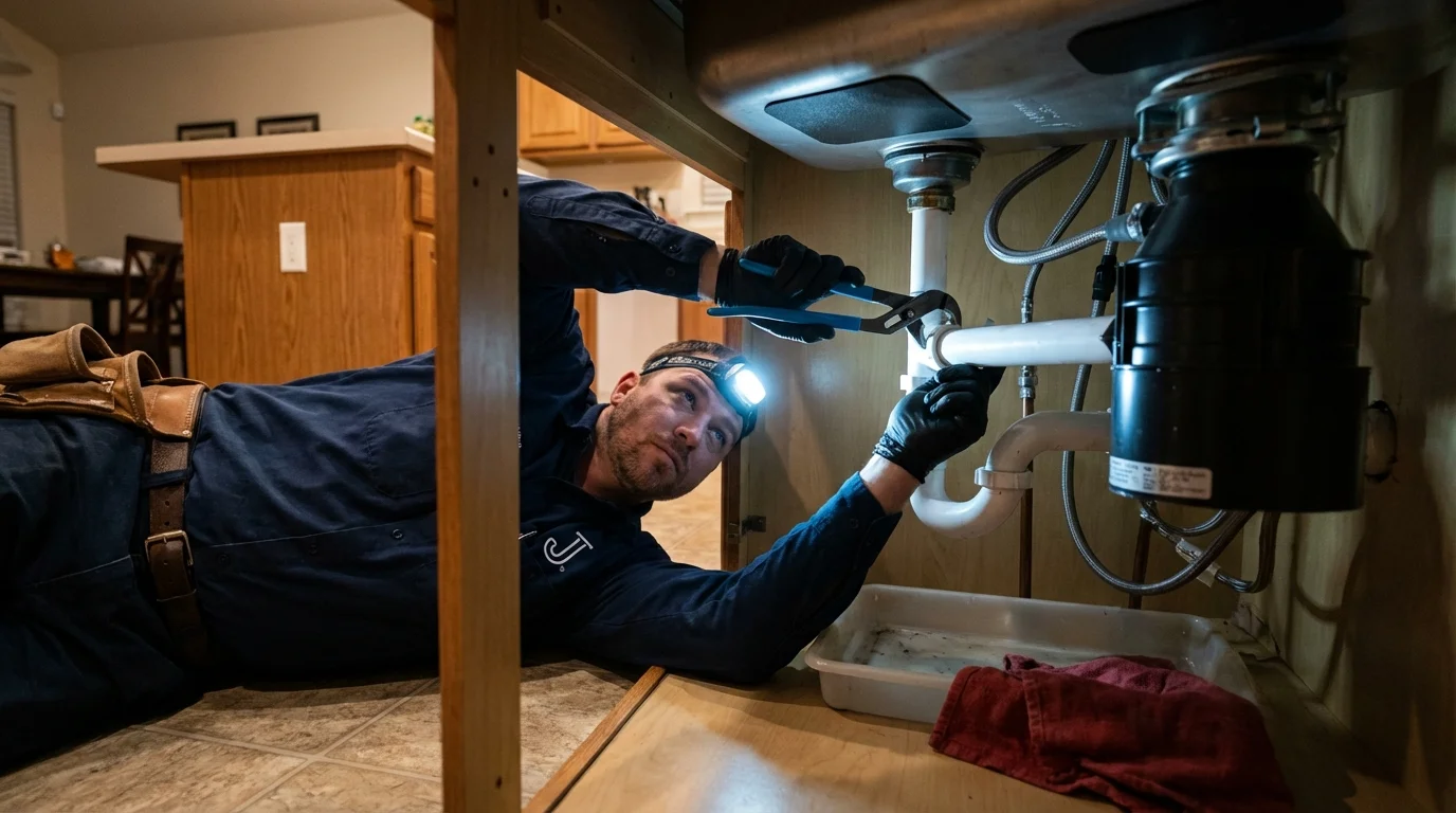 P-trap and supply line connections under a kitchen sink showing a common leak point in Trumann, AR